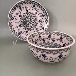 Handmade Polish Pottery Bowl and Dish Set Blue and Green Floral Drsign